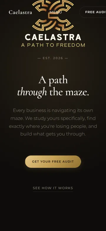 The previous Caelastra homepage on a phone: the word MENU printed over the logo, the logo tucked under the menu bar, and the Free Audit button cut off at the edge.
